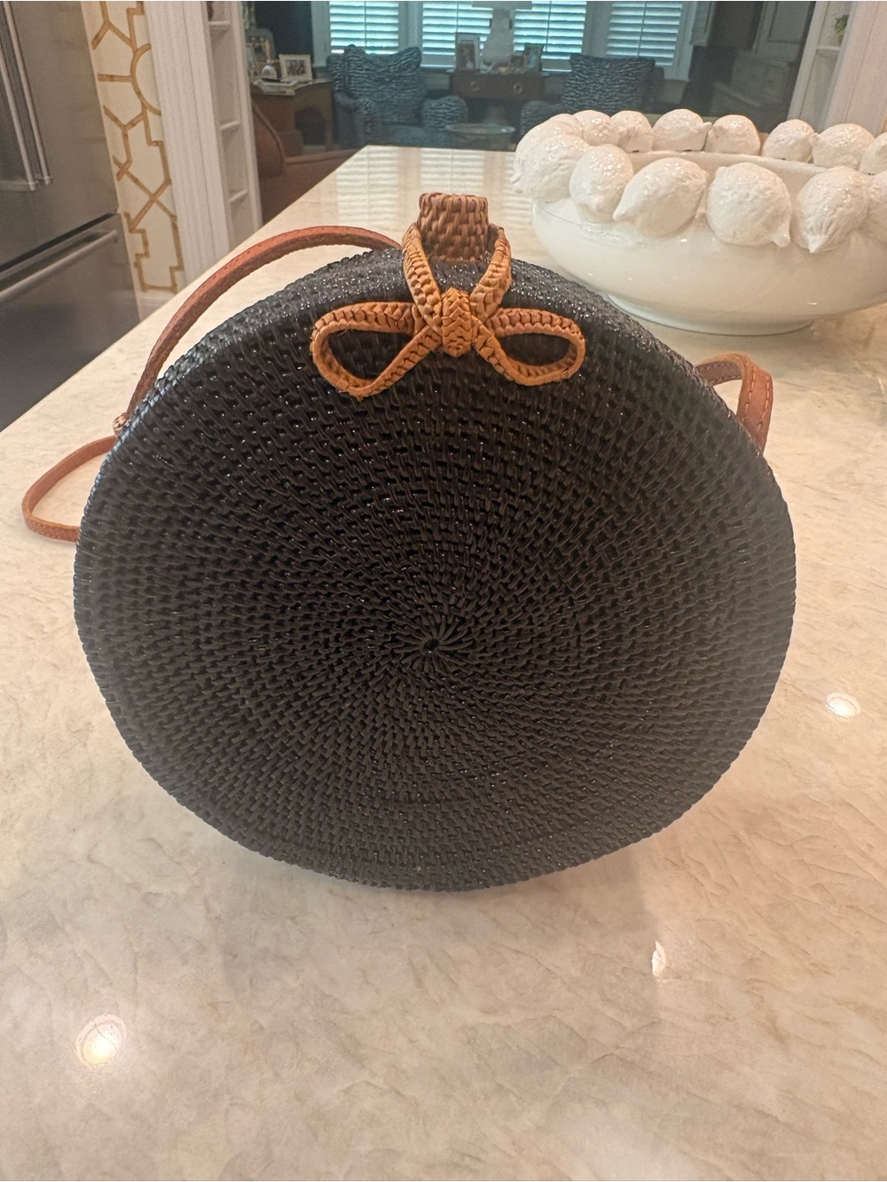 Black Round Woven Crossbody Bag with Tan Accent
